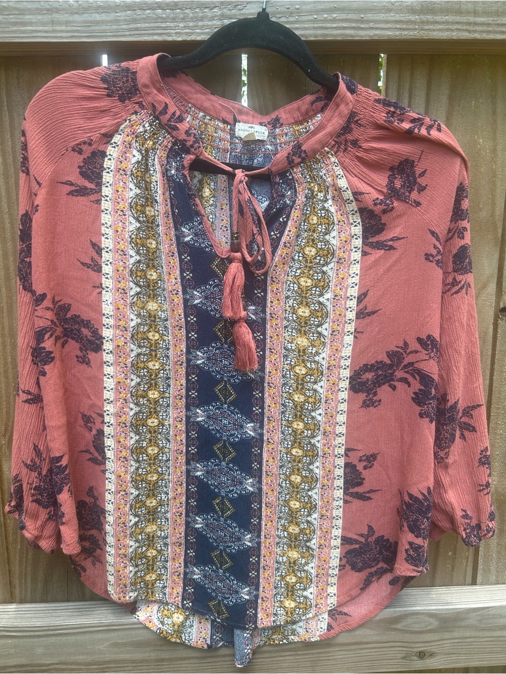 Mason & Belle size small Boho Tassel Tie Floral Panel Blouse - Rust